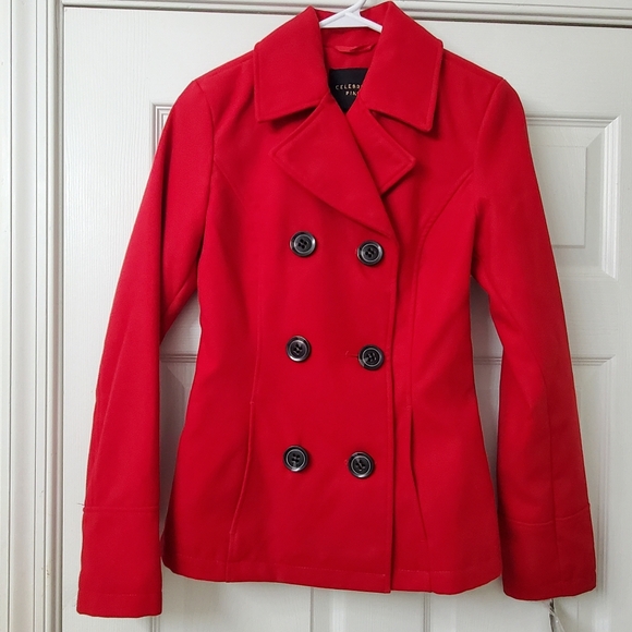 Celebrity Pink Jackets & Blazers - Celebrity Pink Double Breast Pea Coat In Vibrant Red Junior Size XS New W/tags